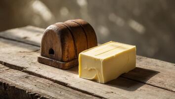 Butter resting on a rustic wooden table next to an antique butter mold in soft lighting photo