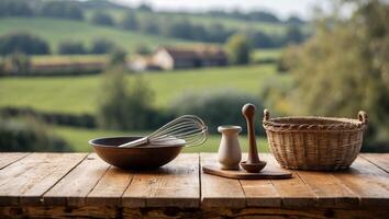 Rustic kitchen tools arranged on a wooden table with a lush green landscape in the background during daylight hours photo