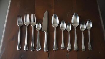 Collection of silver cutlery arranged neatly on a wooden table showcasing various utensils photo