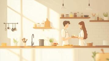 Couple sharing pastries in a bright, minimalist kitchen filled with sunlight and greenery during the day photo