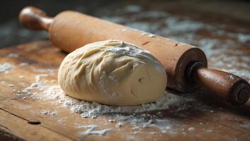 Dough resting on a wooden countertop with a rolling pin and flour scattered around in a kitchen setting photo
