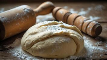 Dough preparation with a wooden rolling pin and flour on a rustic wooden table showcasing the baking process photo