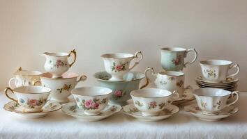 Elegant vintage tea set displayed on a simple surface showcasing fine china and intricate floral patterns photo
