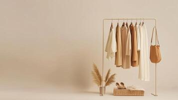 Minimalist fashion display with neutral clothing and accessories in a stylish setting photo