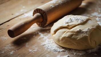 Dough preparation on a wooden table with a rolling pin and flour, showcasing a cozy kitchen atmosphere photo