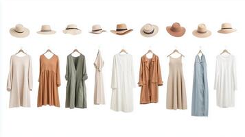 Fashionable summer dresses and hats displayed on hangers in a minimalist studio setting photo