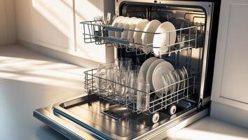 Washing clean kitchenware in a modern dishwasher located in a bright and tidy home kitchen photo