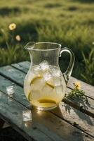 Refreshing lemonade with ice and lemon slices in a pitcher placed on a rustic wooden table outdoors during sunny weather photo