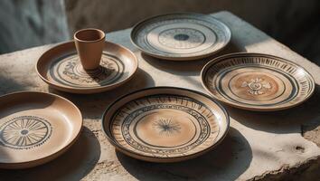 Decorative ceramic plates and a cup arranged on a table in a rustic interior setting during daylight photo