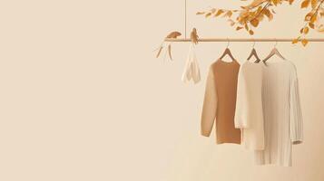 Cozy autumn sweaters displayed on a wooden hanger against a soft backdrop with decorative foliage photo