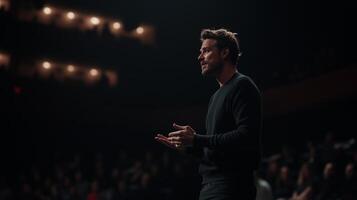 Engaging speaker captivates audience during nighttime event in a theater photo