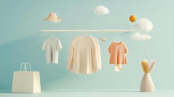Soft pastel clothing display with accessories on a minimal background in a retail setting during daytime photo