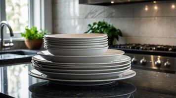 Stack of clean white plates and bowls on countertop in modern kitchen with sunlight streaming through window photo
