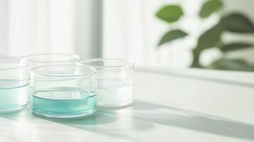 Colorful liquids in transparent glass containers on a table with sunlight filtering through curtains photo