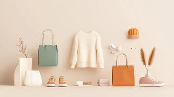 Stylish autumn fashion display featuring cozy sweater, trendy accessories, and footwear in a minimalist setting photo