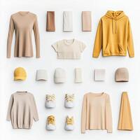 Collection of casual clothing and accessories in neutral and yellow tones displayed on a light background photo
