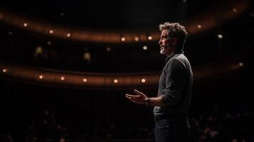 Speaker engages audience in a captivating performance at a theater during an evening event photo
