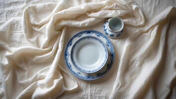 Elegant blue and white tableware arranged on a soft, white fabric backdrop in a serene setting photo