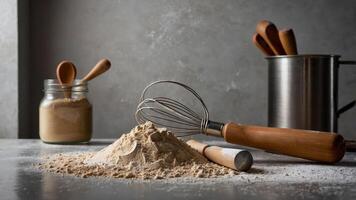 Whisk, flour, and kitchen tools arranged on a countertop during afternoon cooking session photo