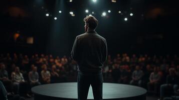 Speaker engages audience in a discussion at an event in an auditorium surrounded by bright stage lights photo