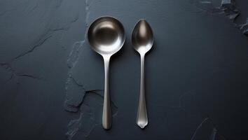 Sleek metal ladle and spoon placed on a dark stone surface with subtle textures highlighting their design and utility photo
