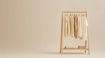 Clothing rack displays neutral toned garments in minimalistic setting with soft lighting photo