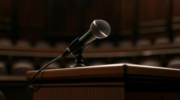 Close-up of a microphone positioned on a podium in an empty auditorium before a public speaking event photo