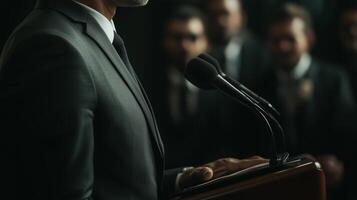 Professional speaker delivering a speech at a formal event surrounded by an attentive audience in dark suits photo