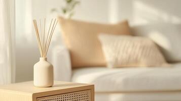 Elegant interior design with minimalist decor featuring a reed diffuser and soft cushions in a bright living space photo