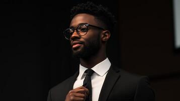Confident young man dressed in a suit and glasses preparing for a presentation in a professional setting photo
