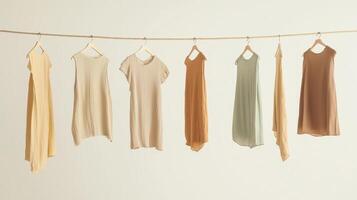 Beautifully arranged garments in soft colors hanging on a rope before a neutral background photo