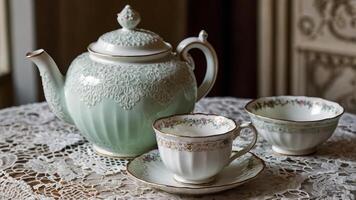 Elegant tea setup with teapot and matching cups on lace tablecloth in a vintage styled room photo