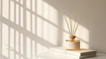 Elegant diffuser on stacked books casting soft shadows in a serene indoor space photo