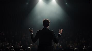 Audience captivated by speaker delivering powerful message during evening event in a dimly lit theater photo