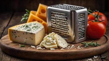 Delicious cheese selection with fresh tomatoes and a grater on a rustic wooden board in a cozy kitchen setting photo