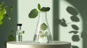 Glassware with fresh leaves immersed in water, showcasing light and shadow play in a modern laboratory setting photo