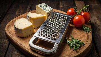 Cheese and tomatoes arranged on a wooden board with a grater ready for preparation photo