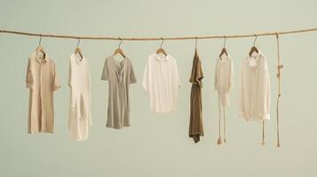 Collection of casual dresses hanging on a rope against a muted background in a minimalist setting photo
