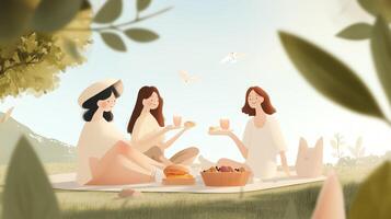 Enjoying a sunny picnic with friends in a lush green meadow during a warm summer afternoon photo