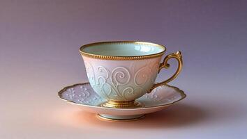Elegant porcelain cup and saucer showcasing intricate design and soft colors in a graceful arrangement on a minimal background photo