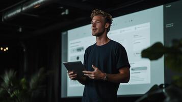 Presenter engages audience with a tablet during a conference in a modern venue filled with greenery photo