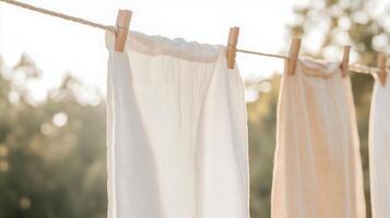 Sunlit fabrics hanging on a clothesline in a serene outdoor setting during late afternoon photo