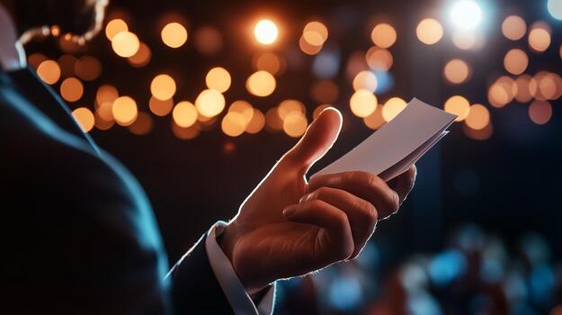 altavoz sostiene notas durante un atractivo presentación a un noche evento rodeado por dinámica Encendiendo efectos foto