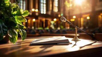 Conference hall setting with a microphone and open book under warm lighting photo