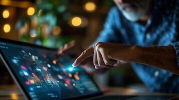 Individual interacting with digital interface on laptop in evening setting with warm lighting photo