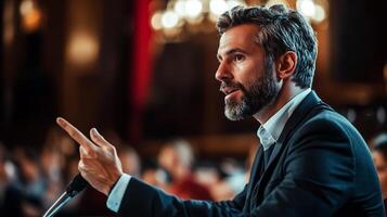 Speaker passionately addresses audience in formal setting during an evening event photo