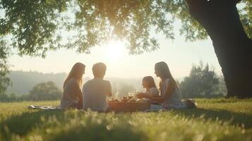 familia disfruta un picnic debajo un grande árbol durante puesta de sol en un sereno campo ajuste foto