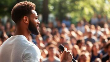 Crowd gathers to listen to a man speaking passionately at an outdoor event in a park on a sunny day photo