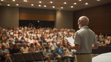 Expert presenting at a large conference hall filled with attentive audience members during a daytime session photo