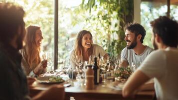 Friends enjoying a joyful dinner gathering in a cozy restaurant with greenery in the background during the evening photo